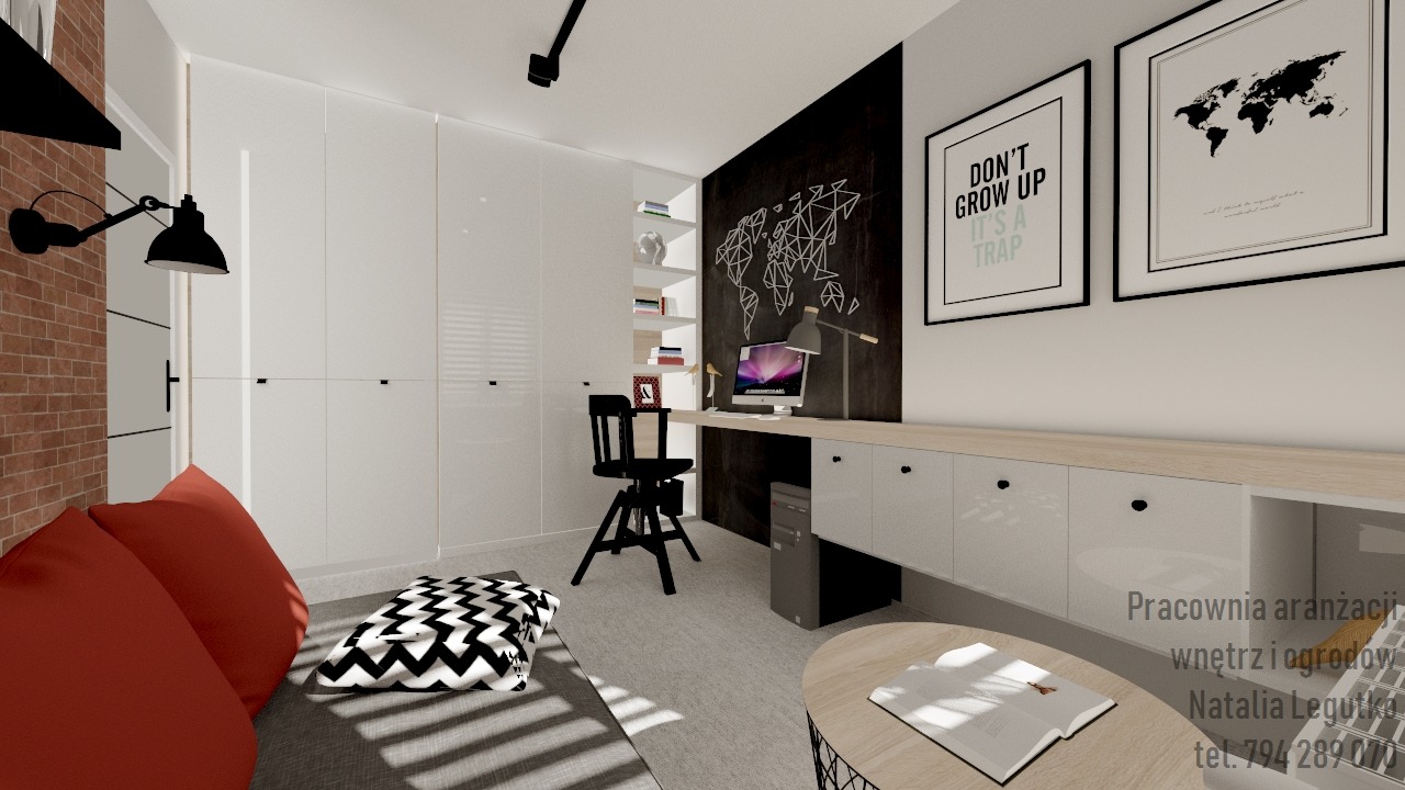 Wizualizacja pokoju biurowego w Miłkowicach z minimalistycznym biurkiem, czarnym krzesłem obrotowym, sofą z czerwonymi poduszkami i dekoracją ścienną w postaci mapy świata oraz plakatów w ramkach.