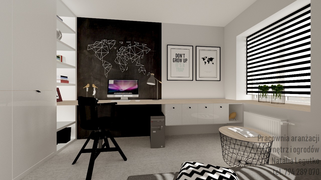 Wizualizacja biura domowego z czarną ścianą z mapą świata, minimalistycznym biurkiem z białymi szafkami, czarnym krzesłem obrotowym i dekoracjami w postaci ramek z napisami i roślin w oknie.