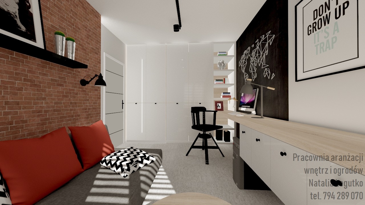 Wizualizacja pokoju z ceglaną ścianą, szarą sofą z czerwonymi poduszkami, biurkiem z komputerem i czarną ścianą z mapą świata, uzupełniona o minimalistyczne oświetlenie i grafiki na ścianach.