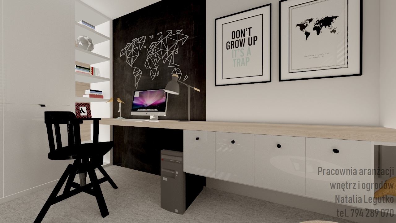 Wizualizacja biura domowego z czarną ścianą tablicową z geometryczną mapą świata, biurkiem z białymi szafkami, czarnym krzesłem i komputerem iMac z lampką.