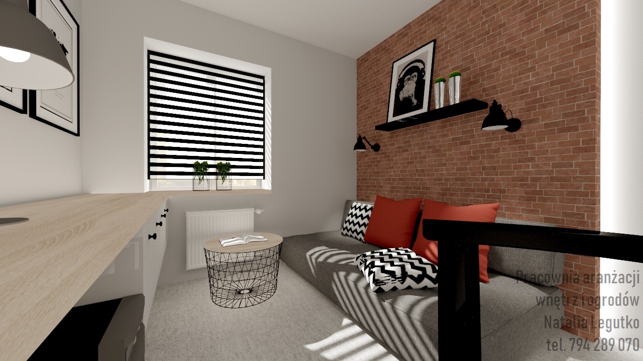 Wizualizacja pokoju dziennego z ceglaną ścianą, szarą sofą z czerwonymi i czarno-białymi poduszkami, okrągłym stolikiem kawowym z metalową podstawą, roletami w oknie i biurkiem z blatem z jasnego...