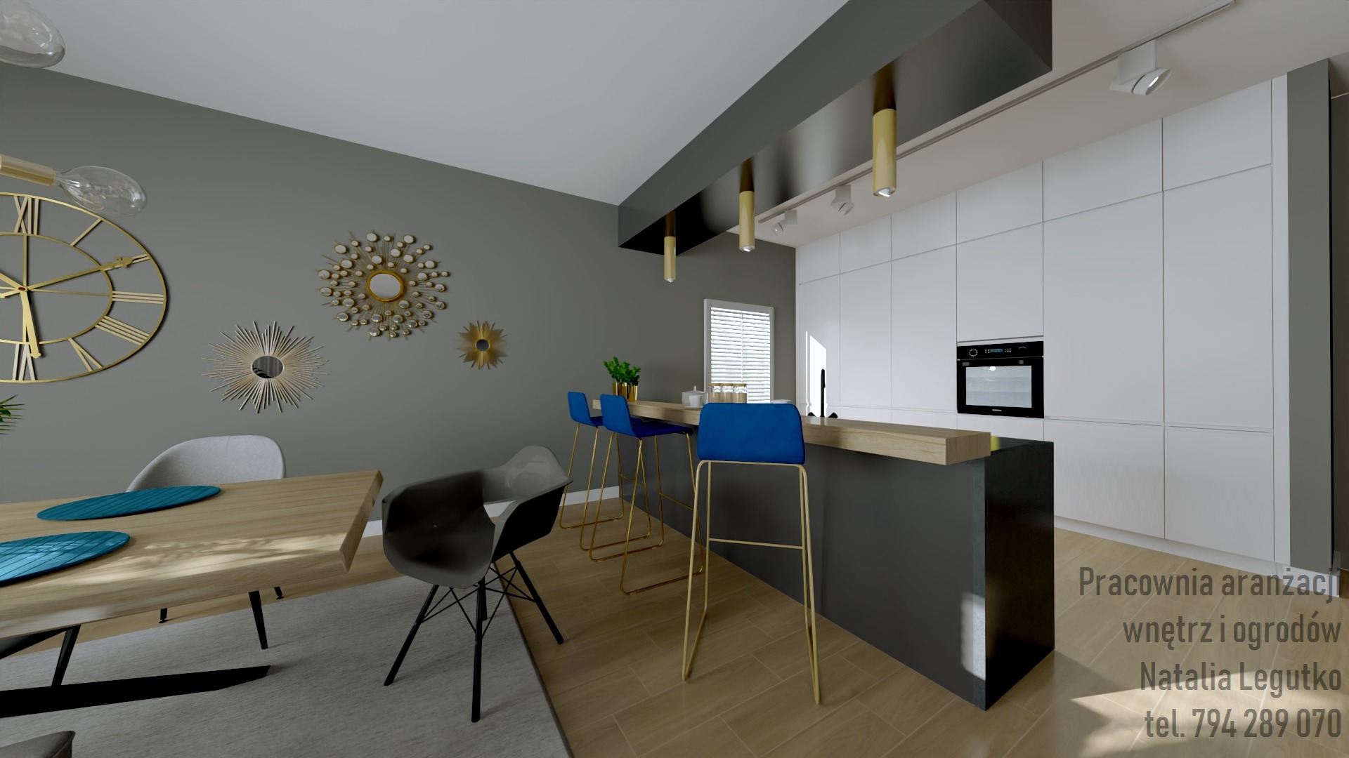 Wizualizacja jadalni z wyspą kuchenną: szare ściany zdobione złotymi zegarami i dekoracjami, drewniany stół z turkusowymi podkładkami, niebieskie hokery przy wyspie z drewnianym blatem, biała...