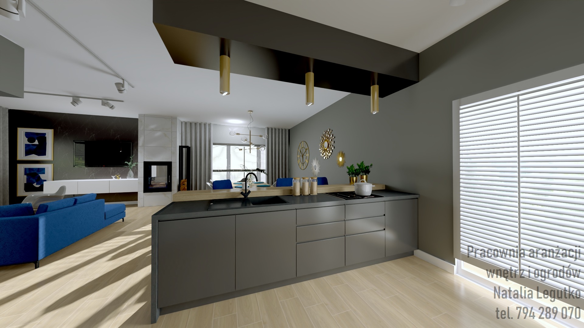 Wizualizacja nowoczesnego wnętrza: szara kuchnia z wyspą, drewniany blat, niebieska sofa w salonie, dekoracyjne zegary na ścianie, żaluzje w oknie.