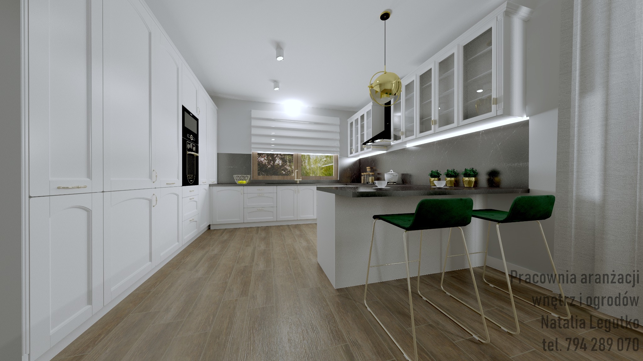 Wizualizacja nowoczesnej kuchni z białymi szafkami, szarym blatem i zielonymi hokerami, oświetlona złotą lampą wiszącą, z widokiem na ogród przez okno.