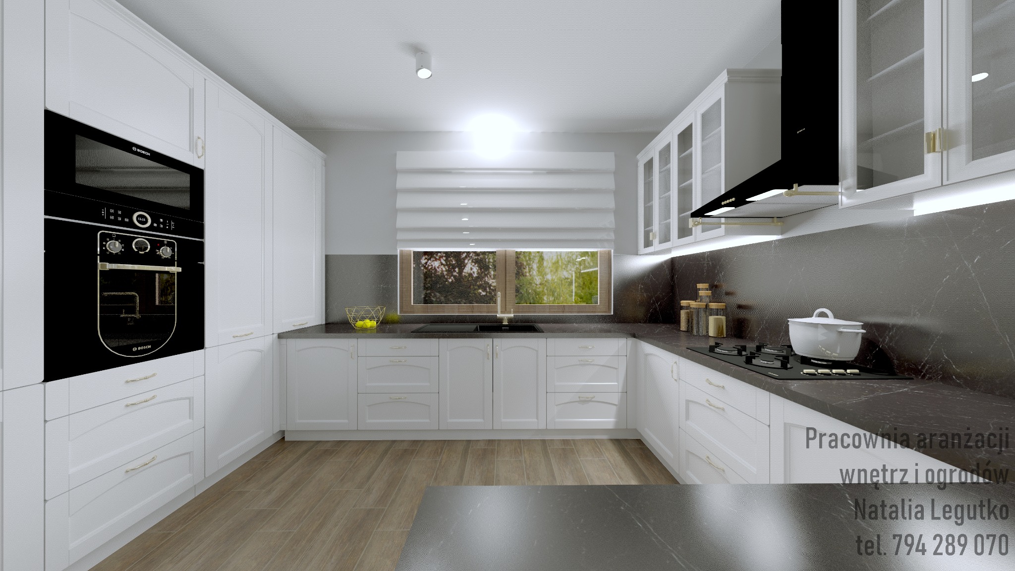 Wizualizacja przestronnej kuchni w stylu klasycznym z białymi szafkami, czarnym sprzętem AGD marki Bosch i blatem z ciemnego marmuru, oświetlona naturalnym światłem z okna z żaluzjami.