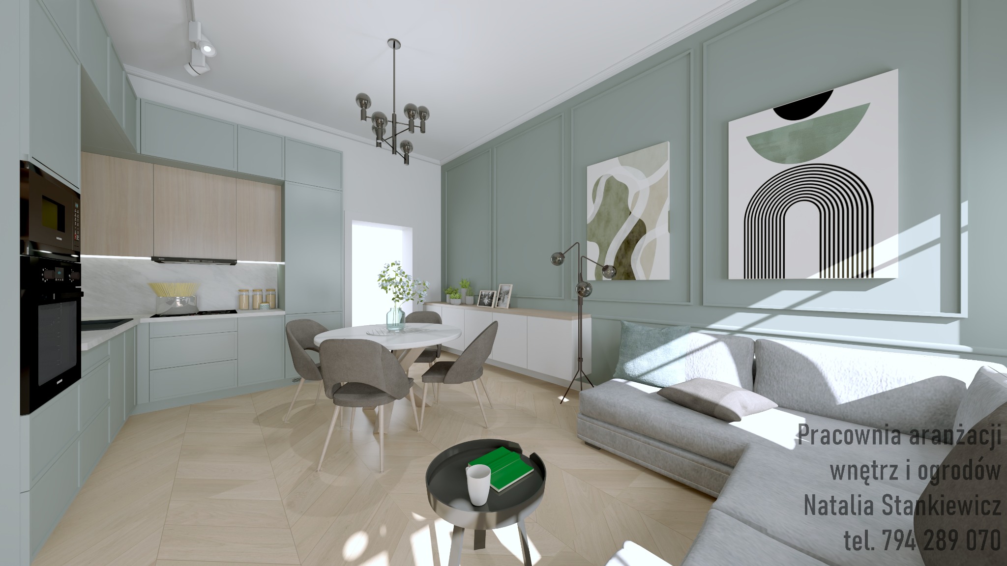 Wizualizacja wnętrza: kuchnia z jadalnią i salonem w odcieniach błękitu i drewna, okrągły stół z szarymi krzesłami, szara sofa z poduszkami, minimalistyczne obrazy na ścianie z dekoracyjnymi listwami.