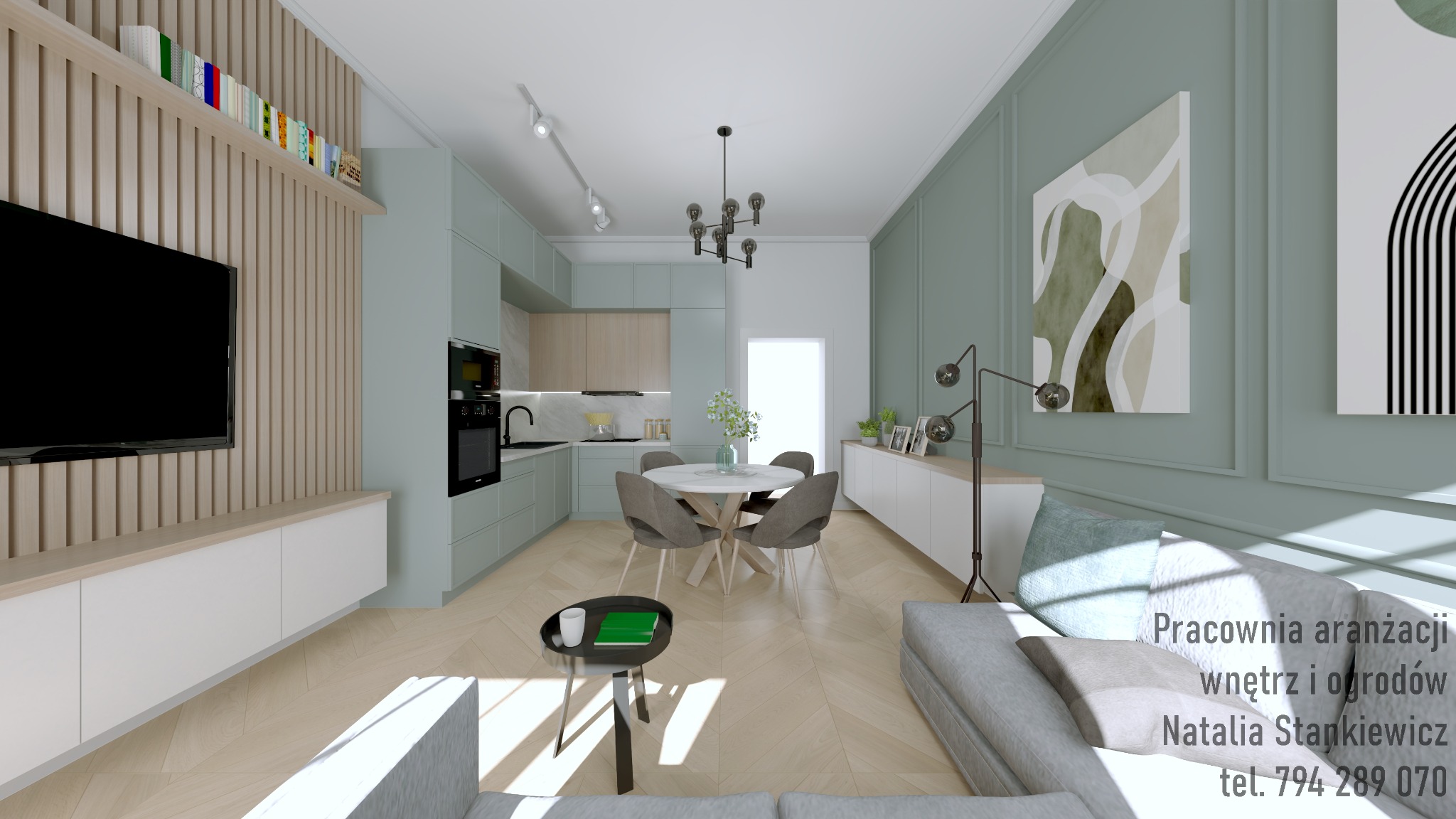 Wizualizacja salonu z aneksem kuchennym w odcieniach pastelowej zieleni, z drewnianą ścianą TV, okrągłym stołem jadalnym i szarą sofą, oświetlonego nowoczesną lampą wiszącą.