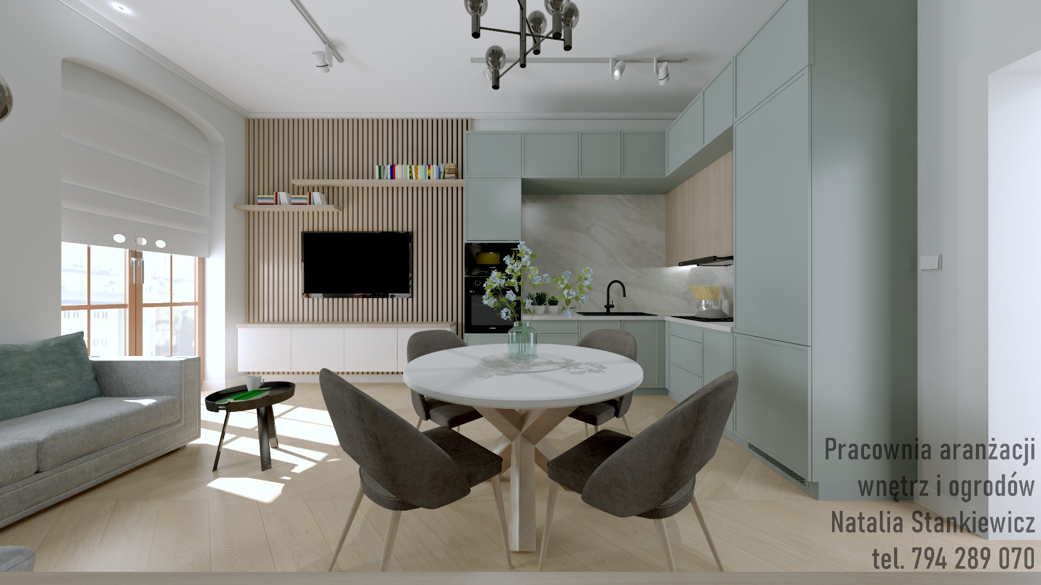 Wizualizacja wnętrza mieszkania z otwartą kuchnią, okrągły stół jadalny z krzesłami, ściana z drewnianymi lamelami i telewizorem, jasna sofa w salonie.