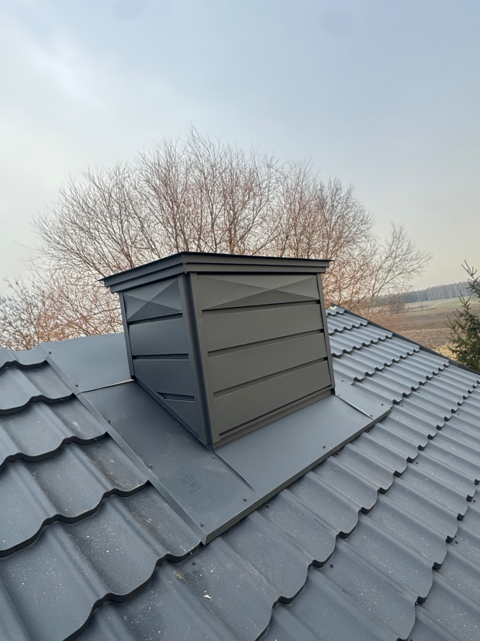 Grafitowy komin wentylacyjny z blachy na dachu z blachodachówki w odcieniach szarości, na tle drzew bez liści i pola. Widok z dołu, pochmurne niebo.