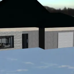 Wizualizacja 3D nowoczesnego parterowego domu z płaskim dachem, widoczne okno z widokiem na salon i garaż z bramą segmentową.