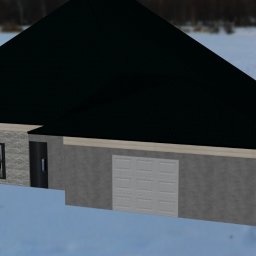 Karolina Sobczyk - Wizualizacja 3D nowoczesnego domu z płaskim dachem, szarą elewacją i garażem, osadzona w zimowym krajobrazie.