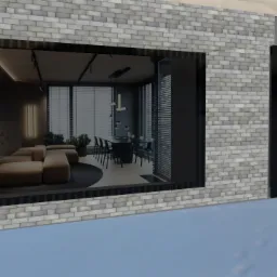 Wnętrze nowoczesnego domu z salonem i jadalnią, widoczne przez duże okno z ceglaną ramą. Minimalistyczny design z beżową sofą modułową, czarnym dywanem i stołem jadalnym z krzesłami. Na ścianie...