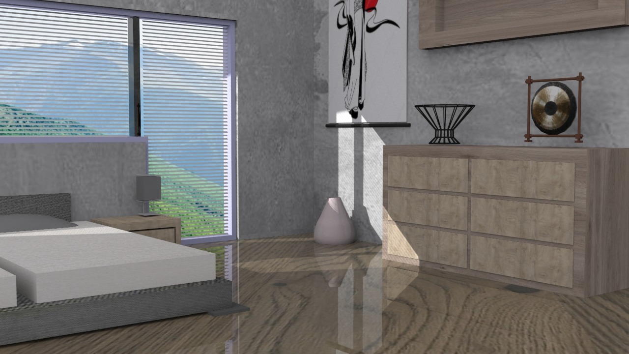 Wizualizacja sypialni z łóżkiem, komodą z dekoracjami, obrazem i widokiem na góry przez okno z żaluzjami.