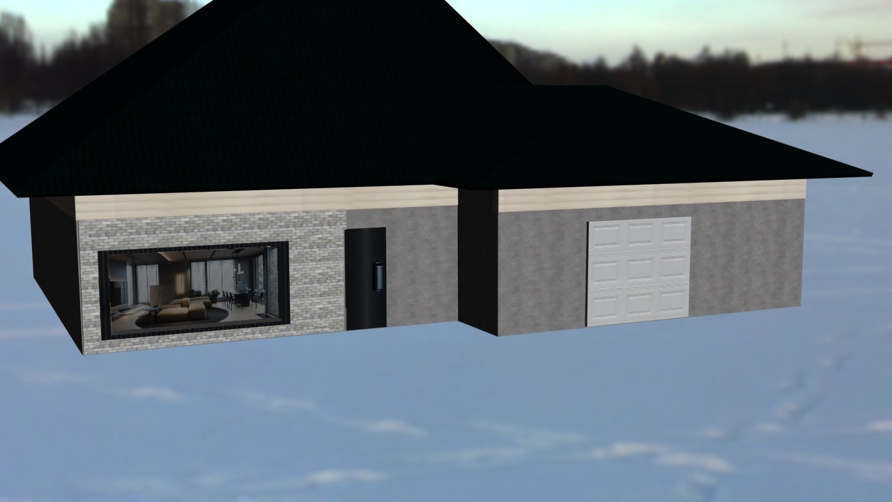 Wizualizacja 3D nowoczesnego parterowego domu z płaskim dachem, widoczne okno z widokiem na salon i garaż z bramą segmentową.