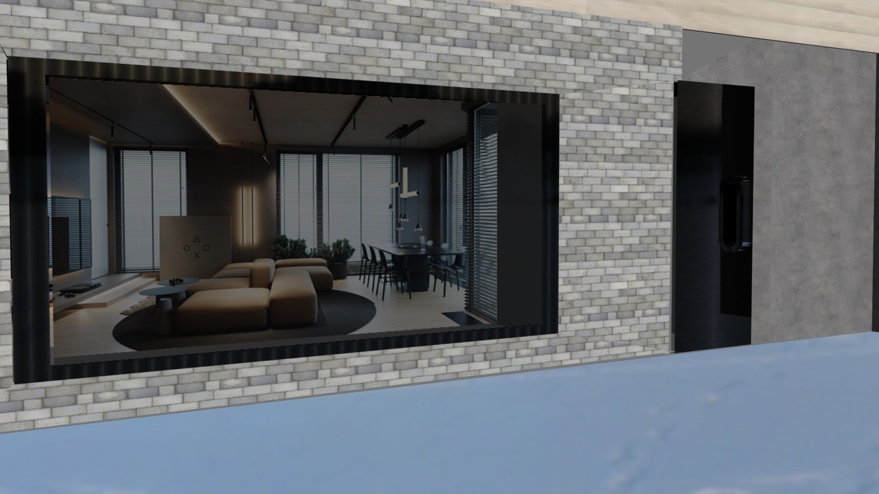 Wnętrze nowoczesnego domu z salonem i jadalnią, widoczne przez duże okno z ceglaną ramą. Minimalistyczny design z beżową sofą modułową, czarnym dywanem i stołem jadalnym z krzesłami. Na ścianie...