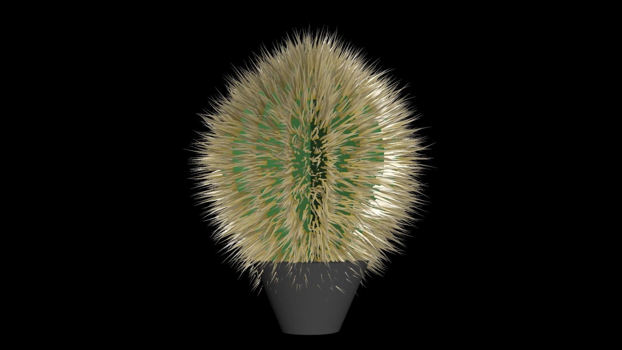 Grafika 3D przedstawiająca kulisty kaktus z beżowymi cierniami w szarej doniczce na czarnym tle.