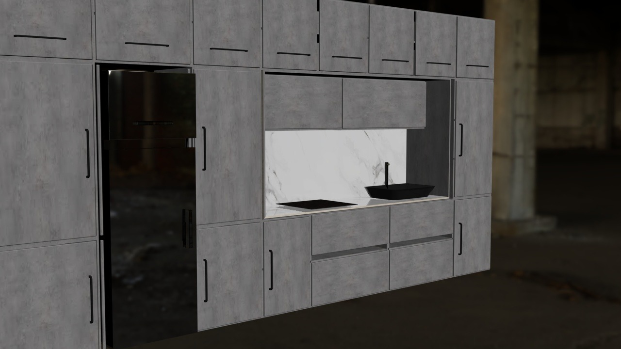 Wizualizacja szarej, nowoczesnej zabudowy kuchennej z frontami imitującymi beton, czarnym zlewem i płytą indukcyjną na tle marmurowej ściany.