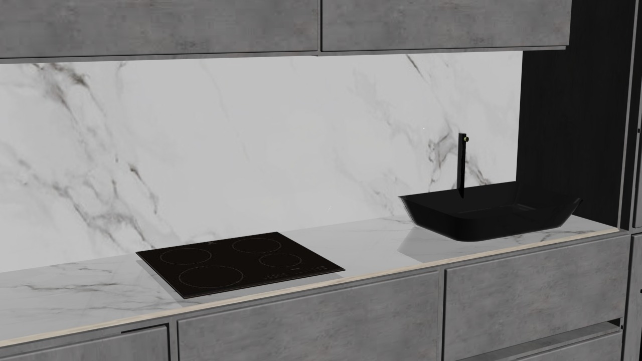 Minimalistyczna kuchnia z szarymi szafkami, marmurowym blatem i backsplashiem, czarnym zlewem i płytą indukcyjną.