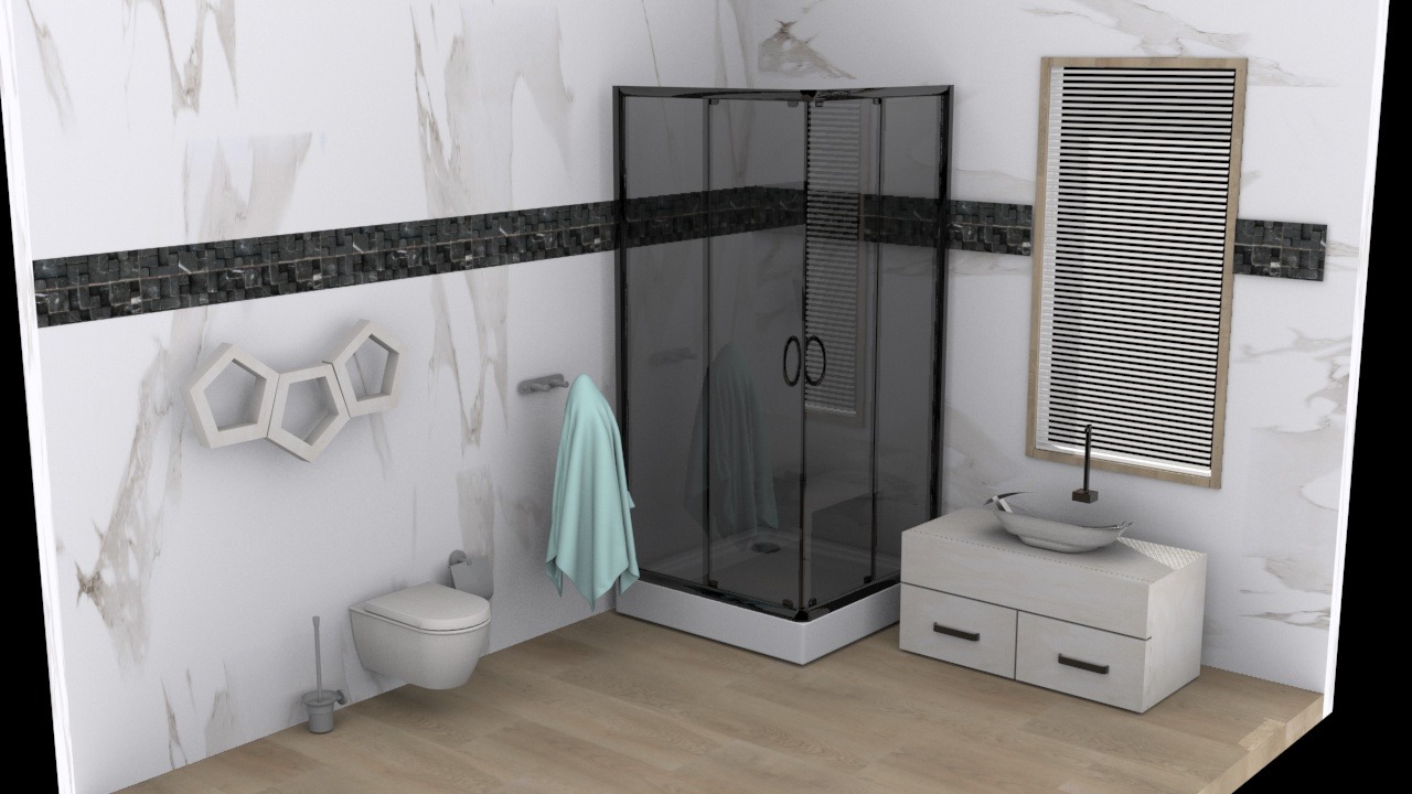 Wizualizacja łazienki z kabiną prysznicową w czarnej ramie, umywalką nablatową i toaletą, akcentem jest dekoracja ścienna przypominająca strukturę molekularną