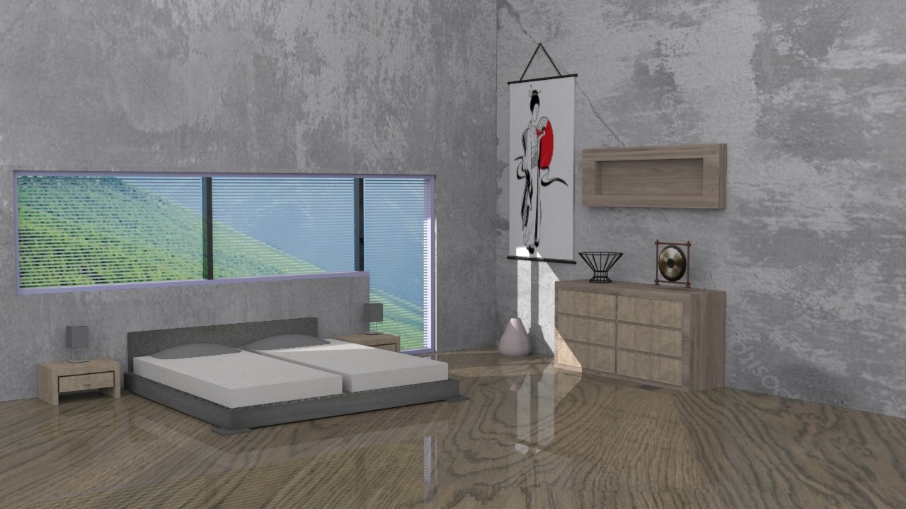 Wizualizacja sypialni w stylu japońskim z łóżkiem, szafkami nocnymi, komodą z dekoracjami i obrazem gejszy na ścianie z betonową fakturą.