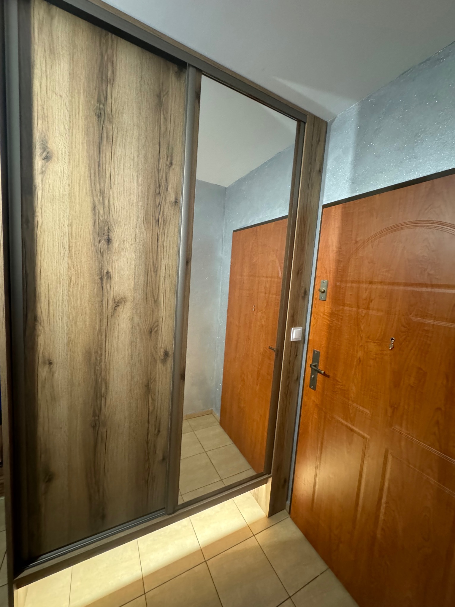 Szafa wnękowa z przesuwnymi drzwiami z lustrem i drewnianym wykończeniem, widoczna na tle dwóch drewnianych drzwi wejściowych w korytarzu.