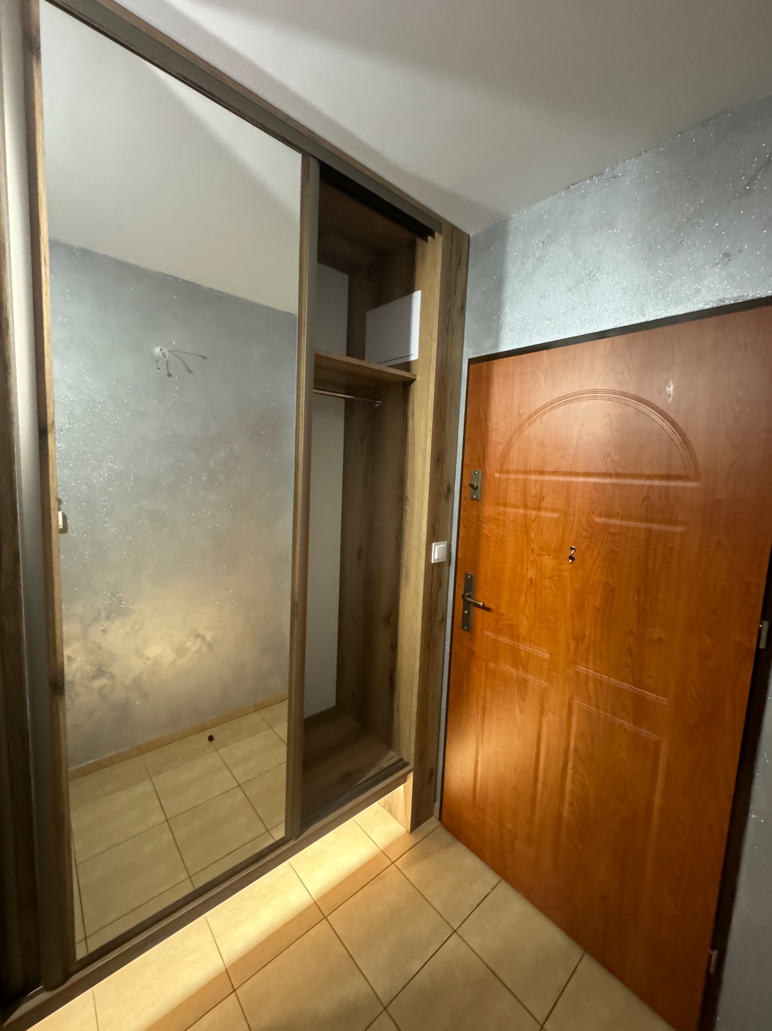 Wnętrze z szafą wnękową z przesuwnymi drzwiami lustrzanymi i drewnianym korpusem, obok drewniane drzwi wejściowe. Widoczna podłoga z płytek.