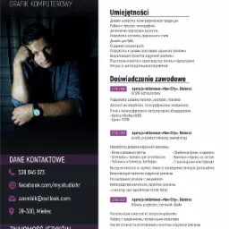 Portret mężczyzny zamyślonego, wspartego o rękę, w lewym dolnym rogu dane kontaktowe i znajomość języków, po prawej stronie CV z doświadczeniem zawodowym i umiejętnościami w zakresie projektowania...