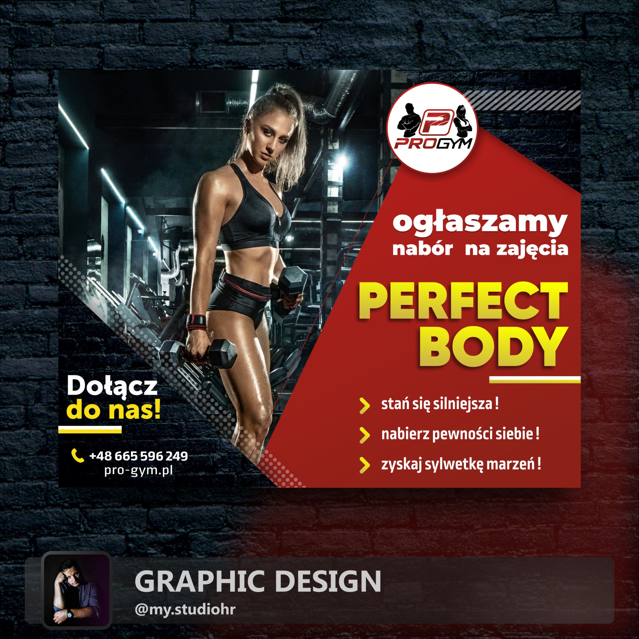 Plakat reklamowy siłowni ProGym z wizerunkiem wysportowanej kobiety ćwiczącej z hantlami na tle sali treningowej z oświetleniem LED, zachęcający do dołączenia na zajęcia i osiągnięcia 'Perfect Body'.