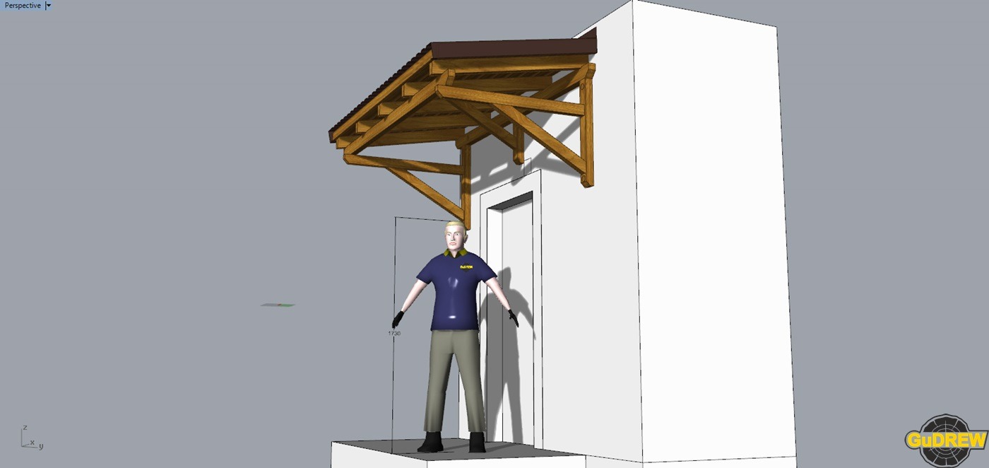 Wizualizacja 3D wejścia do budynku z drewnianym zadaszeniem wspartym na słupach, postać modelowa dla skali, minimalistyczny design.