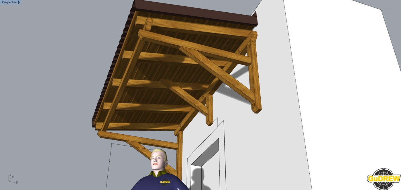 Wizualizacja 3D drewnianego zadaszenia nad wejściem do budynku z widoczną sylwetką człowieka dla skali i logo firmy w prawym dolnym rogu.