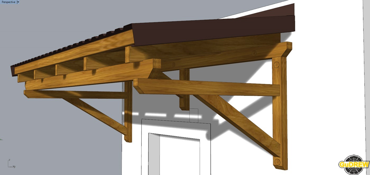 Wizualizacja 3D drewnianej konstrukcji zadaszenia nad wejściem, z brązowym pokryciem dachowym, przymocowanej do białej ściany budynku.