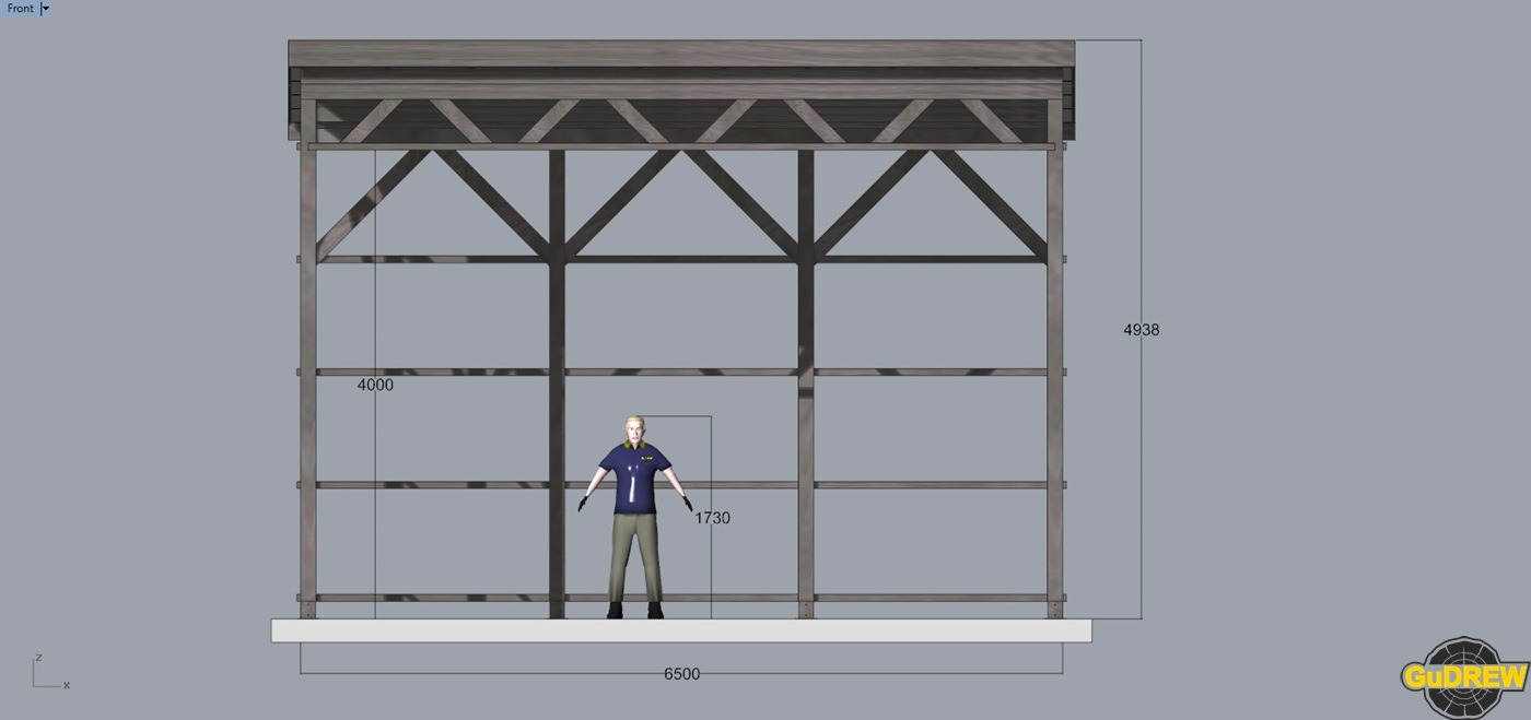 Projekt konstrukcji drewnianej z wymiarami, widok z przodu, z postacią człowieka dla skali.