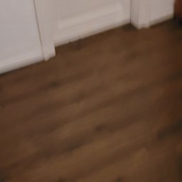 Sergeii Shystia - Fragment białych drzwi z klamką i brązowej podłogi z paneli, widok z góry, słabe oświetlenie.