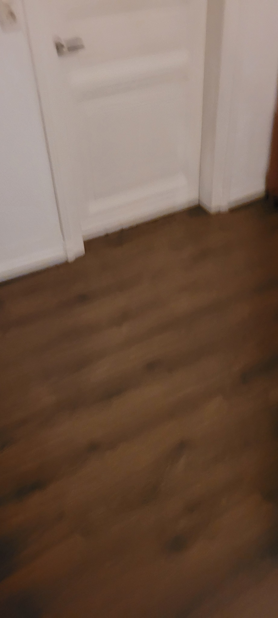 Fragment białych drzwi z klamką i brązowej podłogi z paneli, widok z góry, słabe oświetlenie.