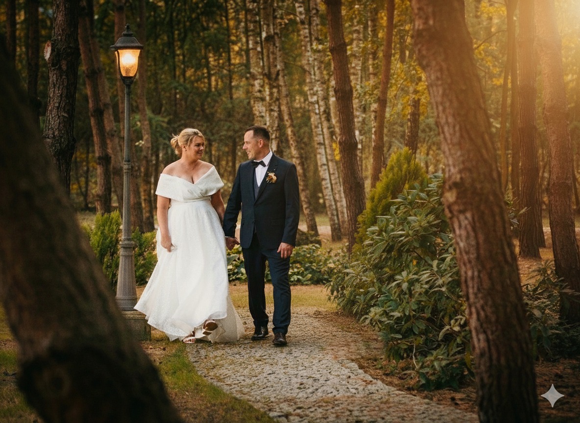 Para młoda, trzymając się za ręce, spaceruje ścieżką w lesie. Panna młoda w białej sukni, pan młody w granatowym garniturze. W tle drzewa i latarnia.