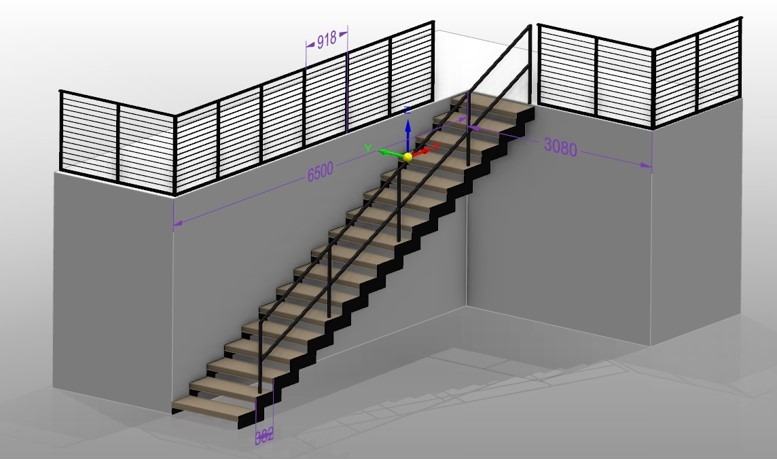 Wizualizacja 3D schodów metalowych z czarnymi poręczami i balustradami poziomymi, z wymiarami oznaczonymi na ścianach i schodach.