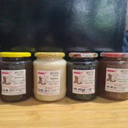 Cztery słoiki z różnymi rodzajami miodu nektarowego: spadziowy, rzepakowy, lipowy i faceliowy, od Leśnej Pasieki Adam Bąk, ustawione obok siebie na drewnianym blacie na tle ciemnej ściany.