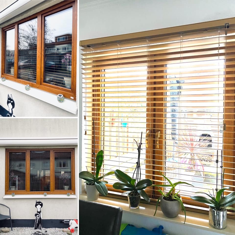 Drewniane żaluzje poziome w oknie, z trzema doniczkowymi roślinami na parapecie, w tle widok na ogród, na zewnątrz okna dekoracja w postaci sylwetki kota.