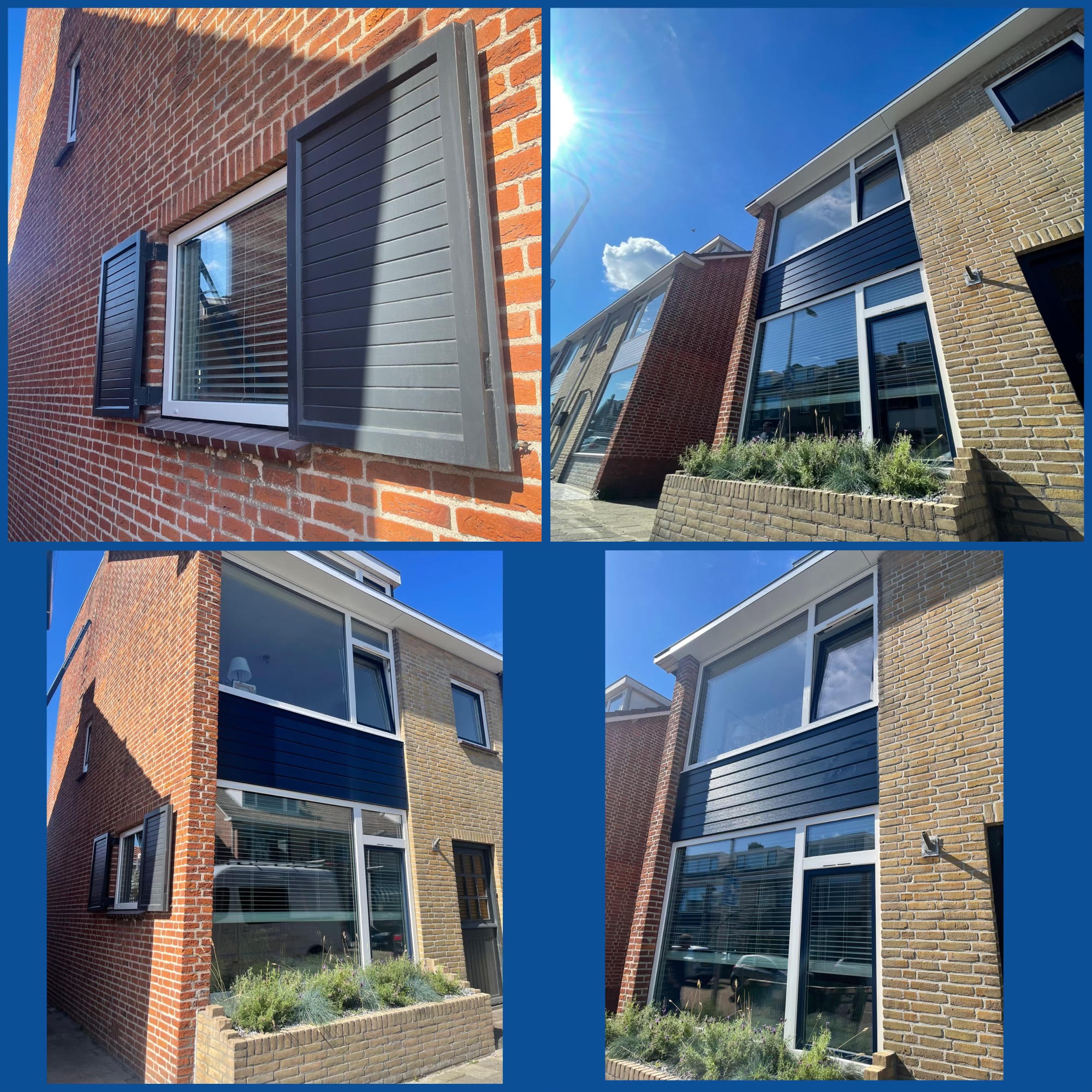 Elewacja budynku z cegły z oknami z zamontowanymi, szarymi, drewnianymi okiennicami żaluzjowymi. Widoczne także rolety wewnętrzne i roślinność przed oknami.