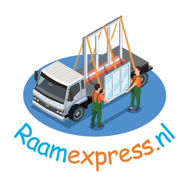 Ilustracja przedstawiająca transport okien na platformie ciężarówki, zabezpieczonych pomarańczowymi pasami, z dwoma pracownikami w zielonych kombinezonach nadzorującymi załadunek, na tle logotypu...