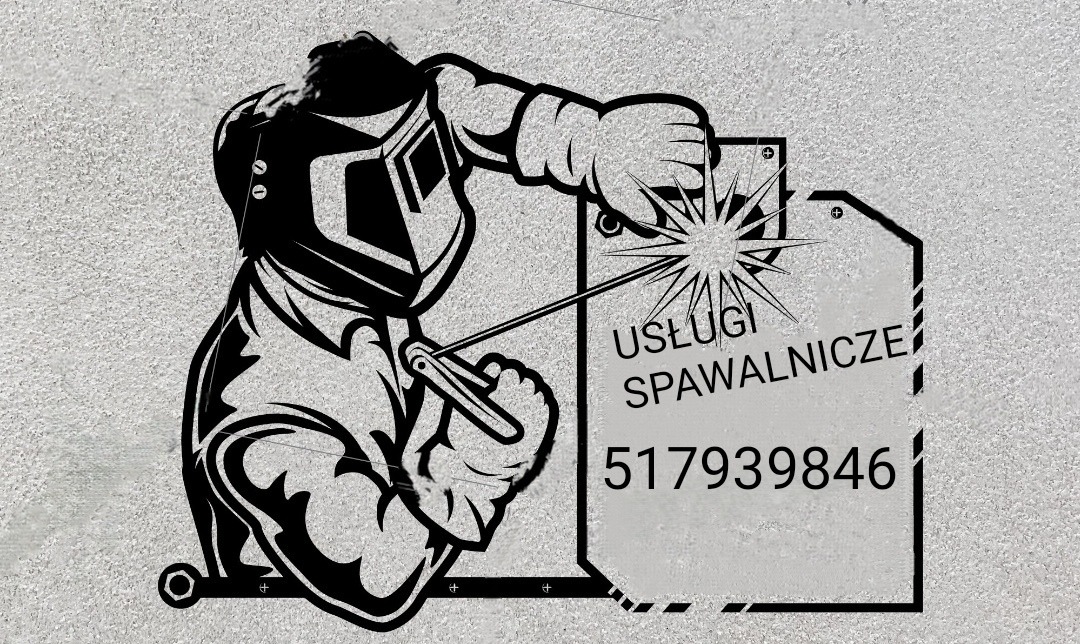 Czarno-biała grafika: spawacz w masce, iskrzący spaw, napis 'Usługi Spawalnicze' i numer telefonu na tle szarej, teksturowanej ściany. Stylizowany rysunek.