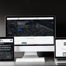 Prezentacja strony internetowej tkautomation.pl na monitorze, tablecie i laptopie we Włocławku, skupiająca się na automatyce przemysłowej i sterownikach PLC.