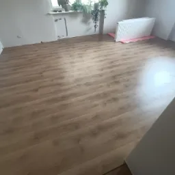 Jasne panele podłogowe ułożone w pustym pokoju, widok na grzejnik, parapet z roślinami i gniazdka elektryczne na ścianie.