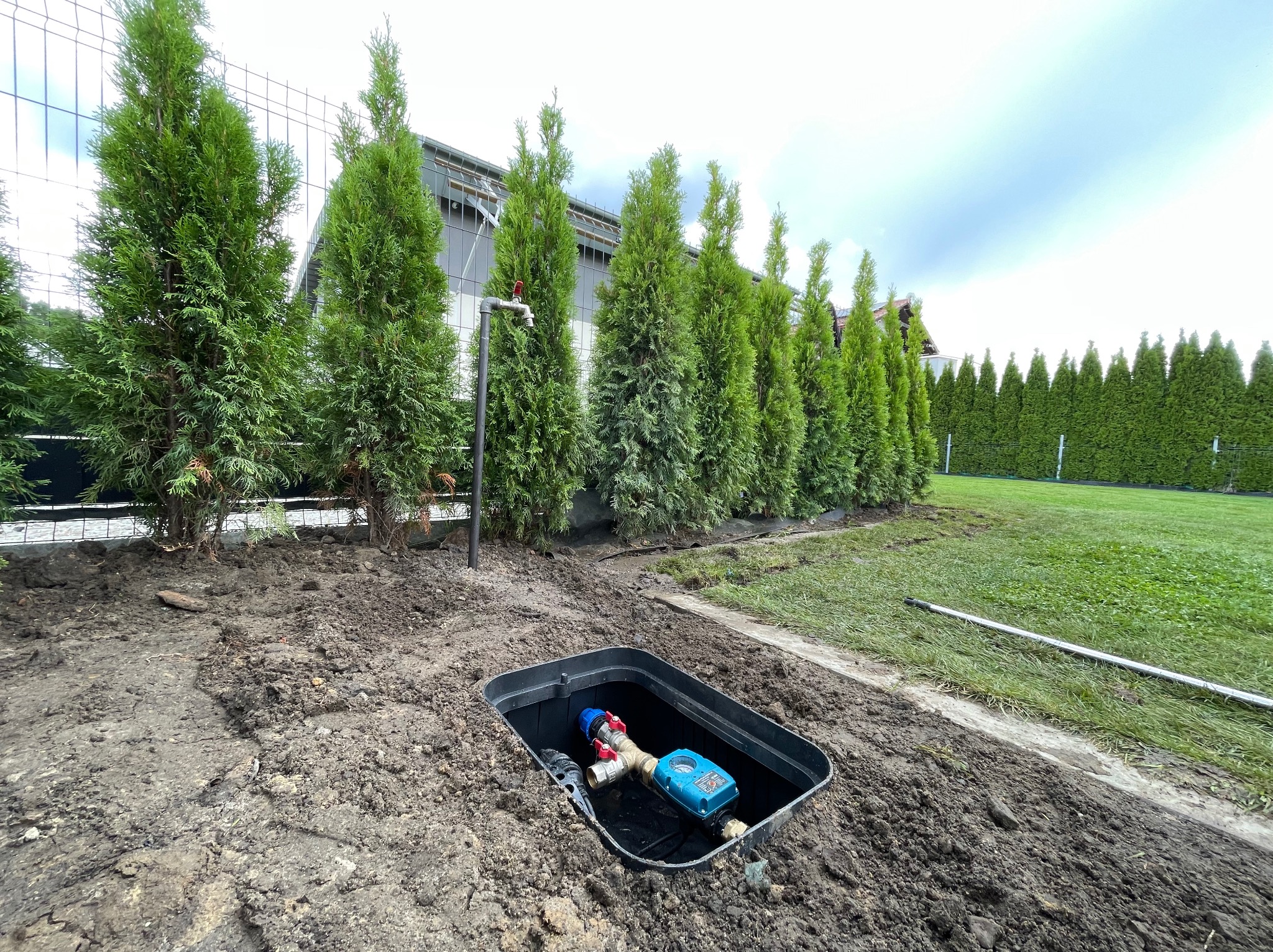 Instalacja wodomierza w czarnej skrzynce w ziemi, widoczny kran i rząd tuj w tle, częściowo zrekultywowany teren.