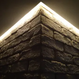 Dekoracyjna ściana z kamienia z podświetleniem LED w ciepłej tonacji, tworząca efektowny narożnik w pomieszczeniu.