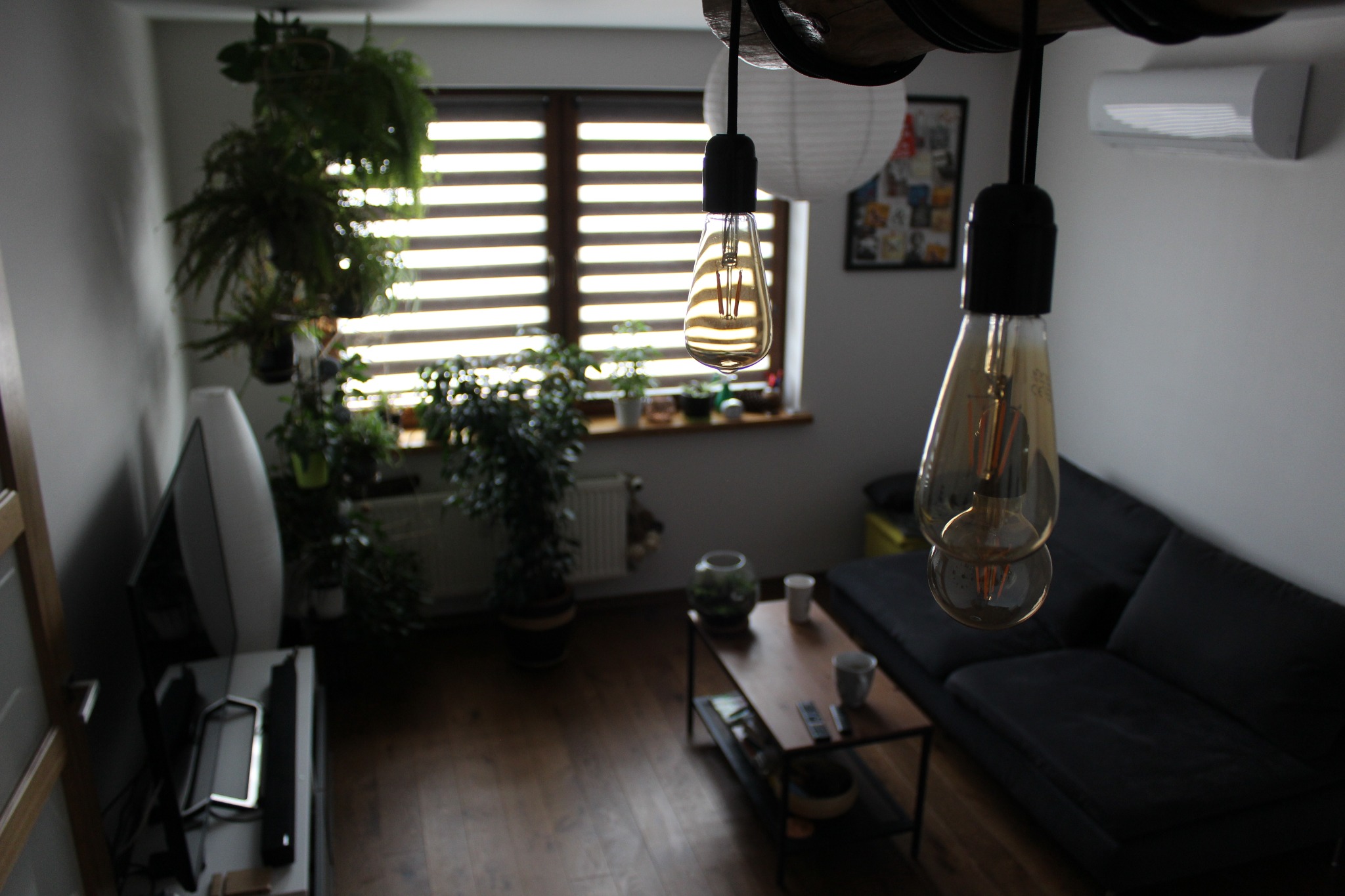 Wnętrze pokoju po remoncie: drewniana podłoga, ciemna kanapa, stolik kawowy, okno z żaluzjami, rośliny doniczkowe i lampy wiszące w stylu retro.