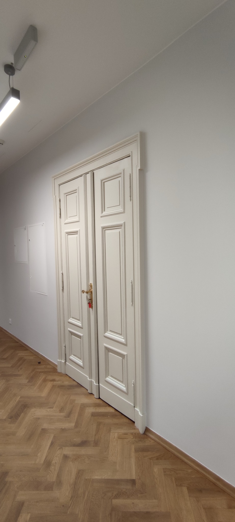 Białe, dwuskrzydłowe drzwi z dekoracyjnymi panelami i złotymi klamkami na tle białej ściany i parkietu ułożonego w jodełkę.