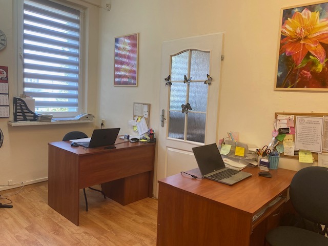 Jasne biuro z dwoma biurkami, laptopami i dekoracjami ściennymi: abstrakcyjny obraz i kwiatowy motyw. Przytulne, profesjonalne środowisko pracy.