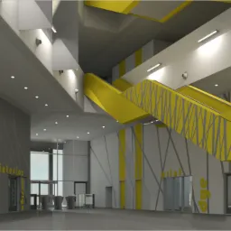 Wizualizacja wnętrza biura z elementami żółtej kolorystyki, widoczne schody ruchome, szklane drzwi i napisy na ścianach.