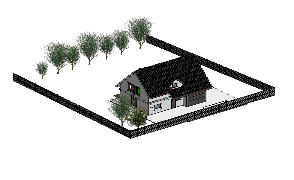 Wizualizacja 3D domu jednorodzinnego z ogrodem i ogrodzeniem, widok z góry, styl architektoniczny nowoczesny.